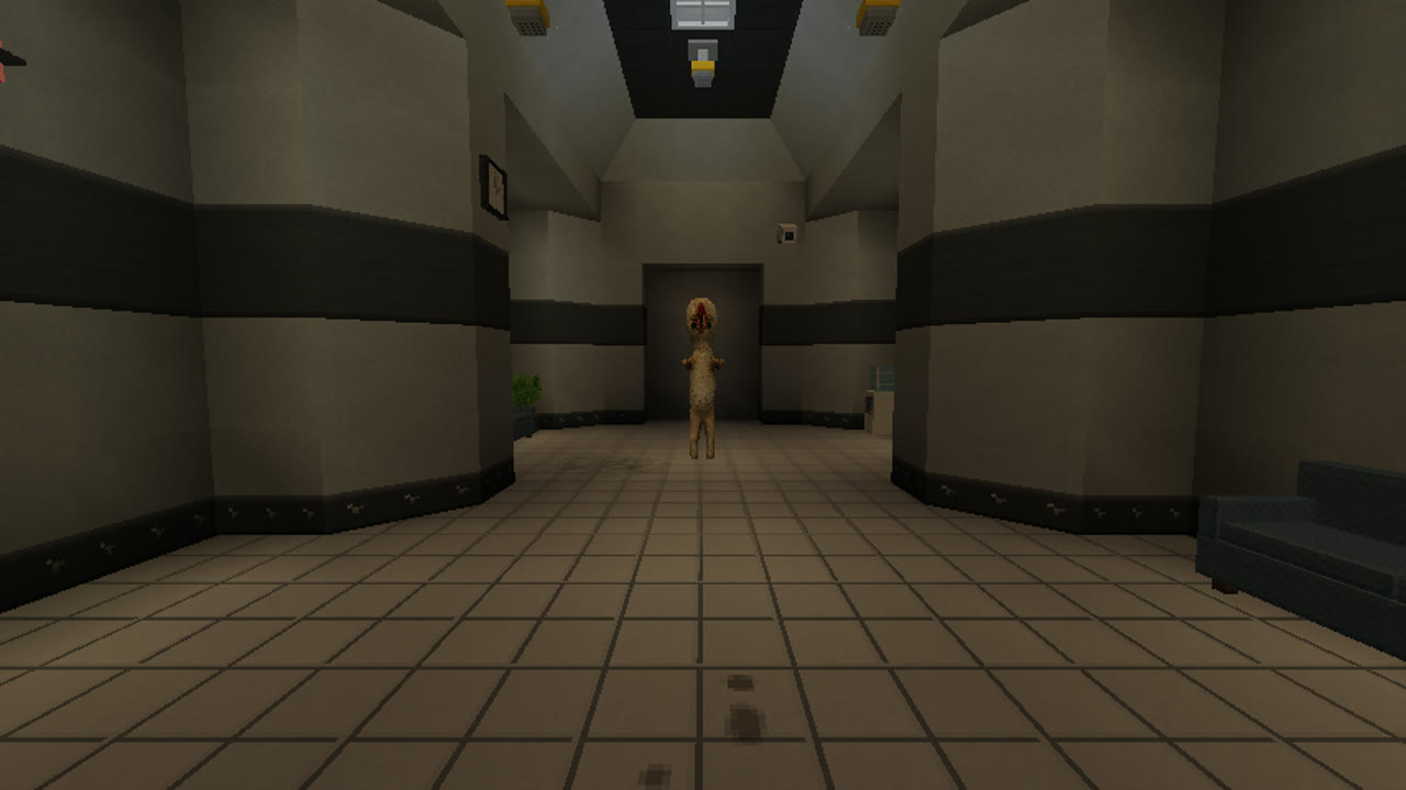 轻收容区的走廊里,SCP-173 站在前方